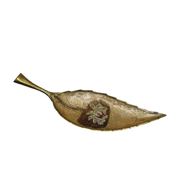 Vintage Solid Brass w Enamel Figural Leaf Trinket / Change / Keys Tray - Picture 3 of 7